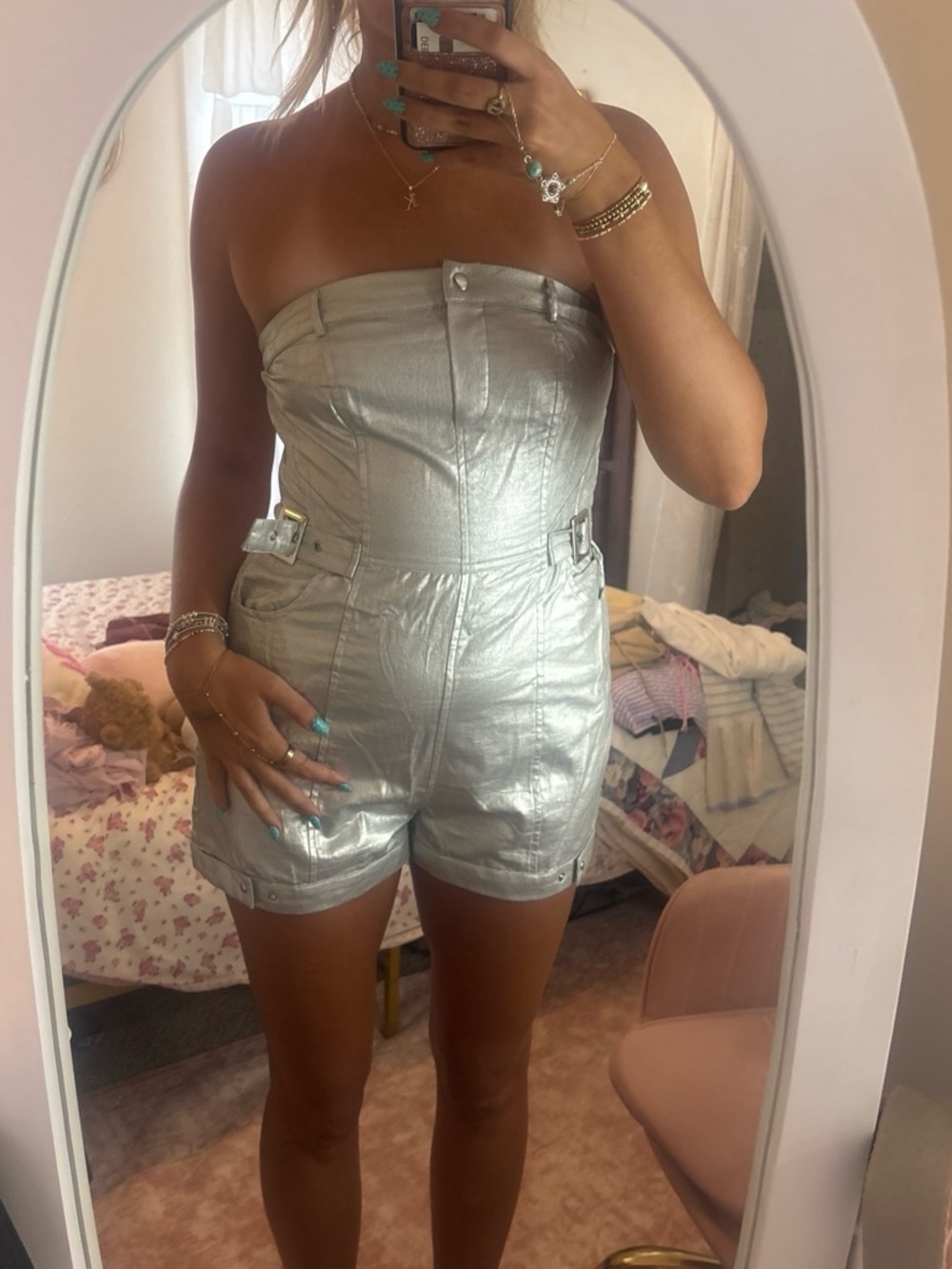 Urban Outfitters Silver Strapless Metallic Shorts Romper